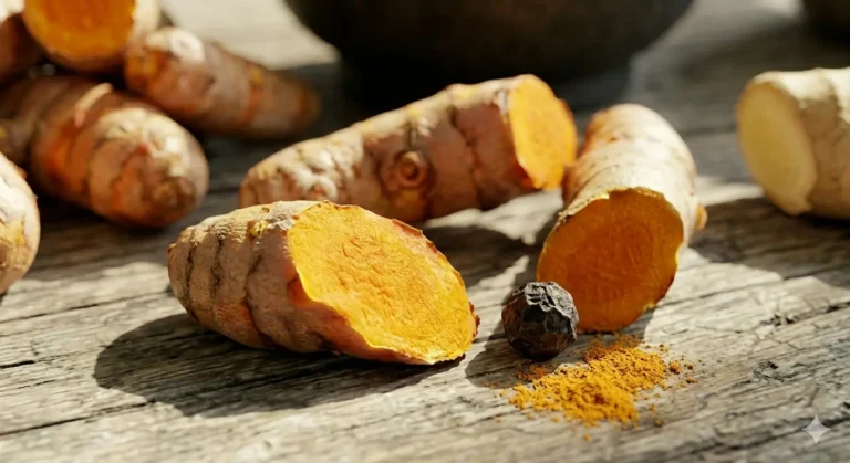 Fresh turmeric roots, with their vibrant orange color, arranged on a rustic wooden surface, highlighting the spices.