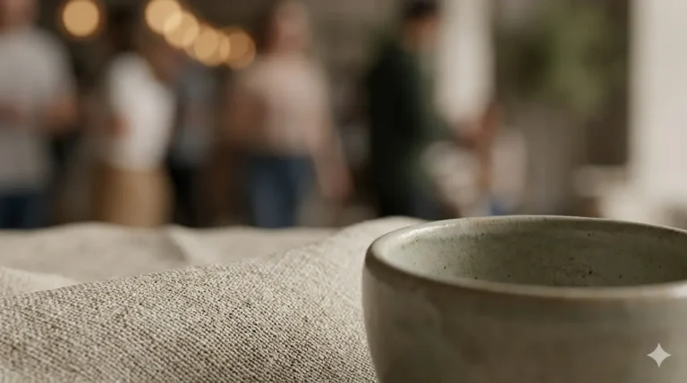 A ceramic cup rests on a light-colored fabric, while out-of-focus people converse in the background in a welcoming setting.
