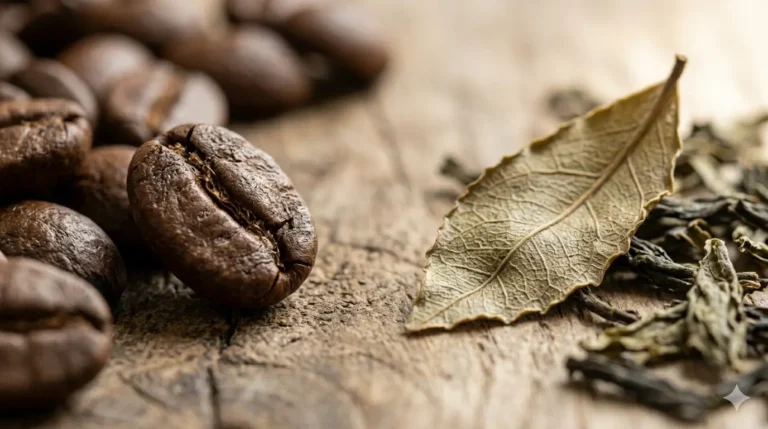 Roasted coffee beans on a wooden surface, with a bay leaf and dried herbs alongside, creating an aromatic composition.