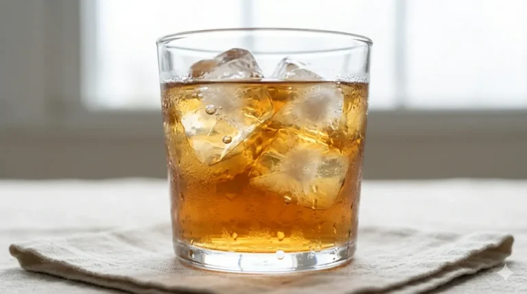 A clear glass filled with amber-colored liquor and ice cubes, reflecting the soft light from a window in the background.