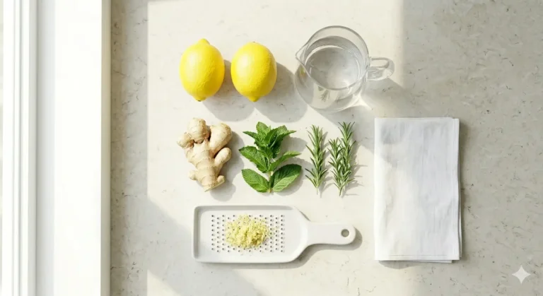 Ingredientes frescos dispostos em uma mesa: limões, gengibre, ervas e água, iluminados pela luz suave do sol.