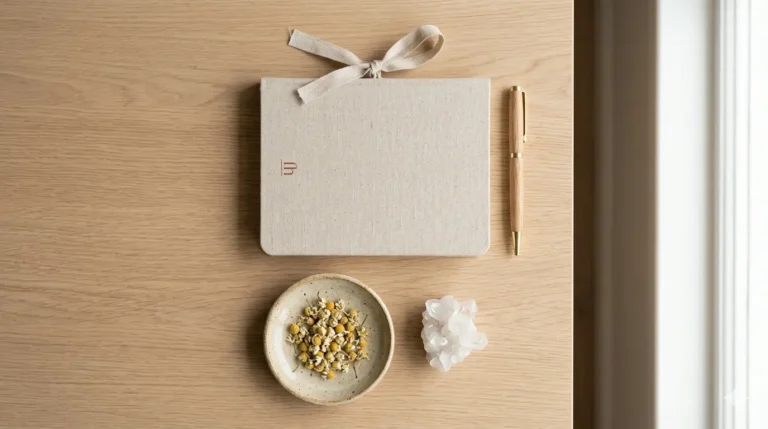 Light-colored notebook with a ribbon, gold pen, and a dish with dried flowers and a crystal on a light wood table.