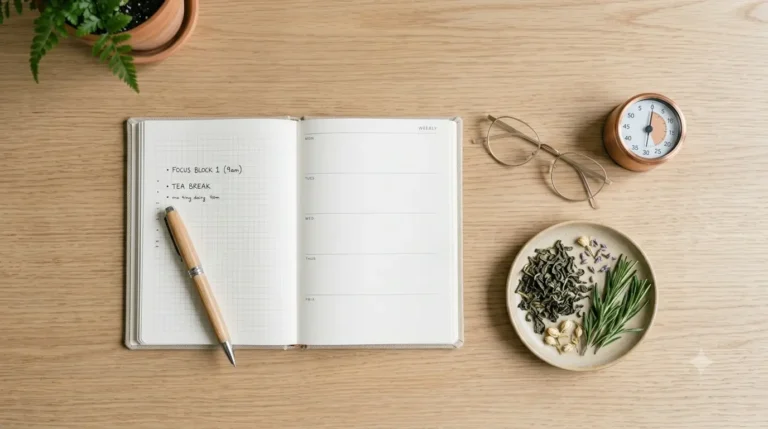 Uma mesa de trabalho com um caderno em branco, caneta, óculos, um relógio e uma tigela com ervas e chá.