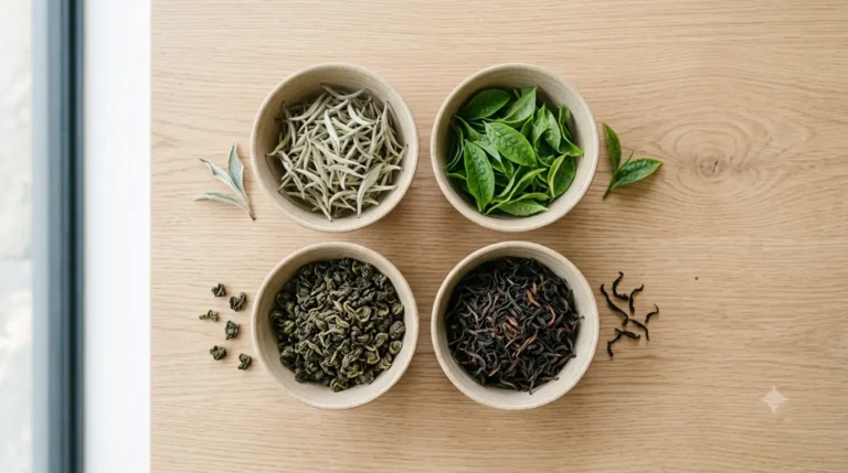 Four bowls of assorted teas arranged on a light-colored wooden table, featuring green and dried leaves.