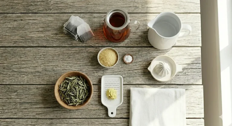 Mesa rústica com utensílios para preparar chá: folhas secas, açúcar, jarra de água e infusor, iluminada pela luz natural.