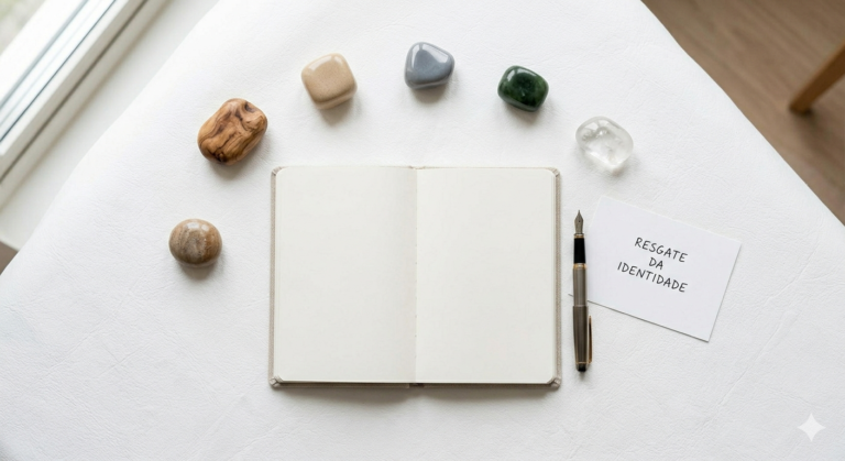 A blank notebook with a pen next to colorful stones and a card reading "Resgate da Identidade" (Reclaiming Identity), on a light-colored table.