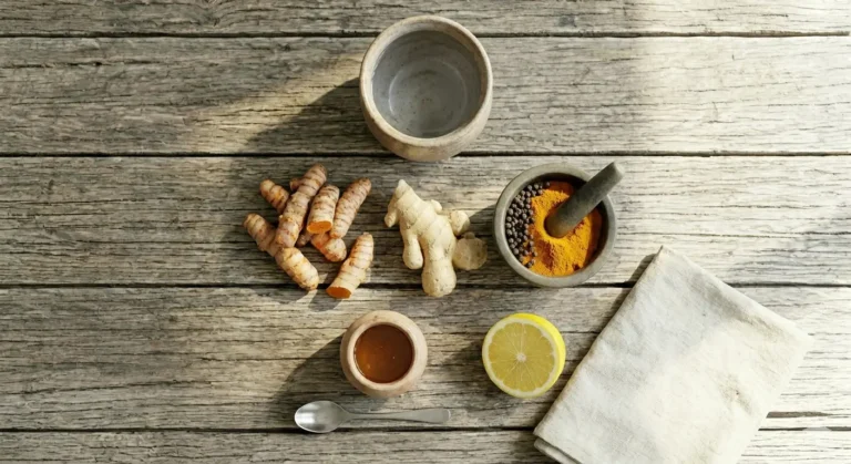 A rustic table with fresh turmeric, ginger, honey, lemon, and spices in a mortar, evoking natural flavors.