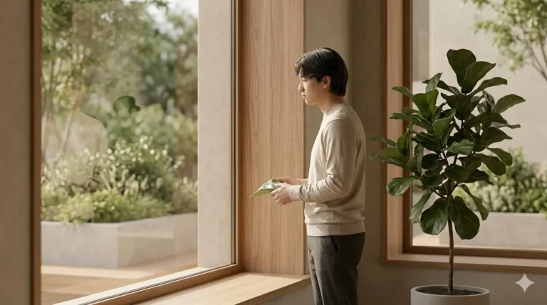 A man contemplating nature through a window, surrounded by green plants in a modern and well-lit environment.