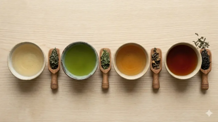 Variety of tea cups and loose leaf teas, illustrating global tea consumption