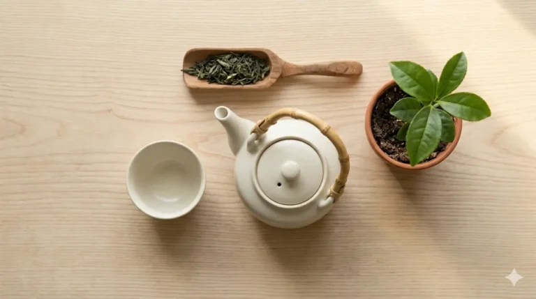 A beautiful tea composition featuring a white teapot, a cup, dried tea leaves, and a green plant in a clay pot.