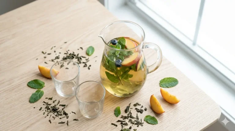 Pitchers of iced tea with fresh fruit and mint leaves, surrounded by glasses and dried herbs on a light-colored table.