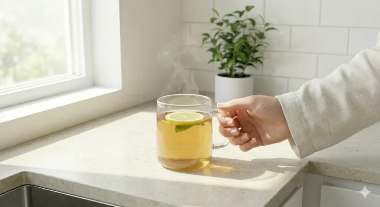 A cup of hot tea with lemon and mint resting on a light-colored countertop, with a hand delicately holding the cup.