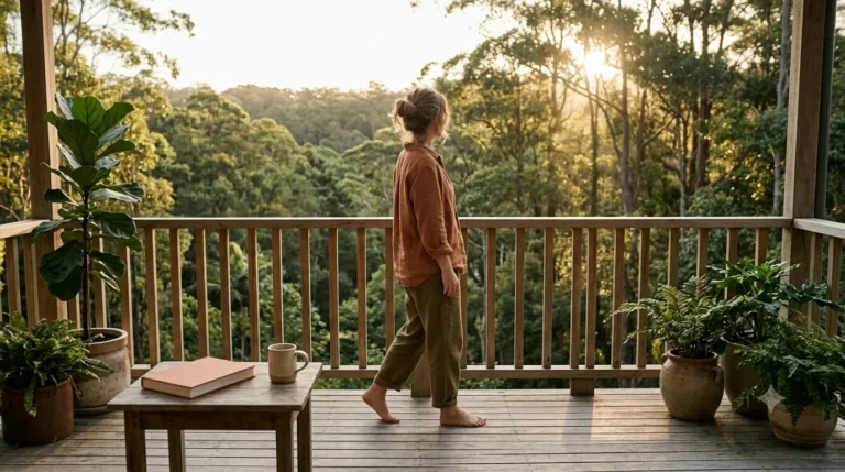 Woman contemplating lush nature at dawn, surrounded by plants on a wooden deck.
