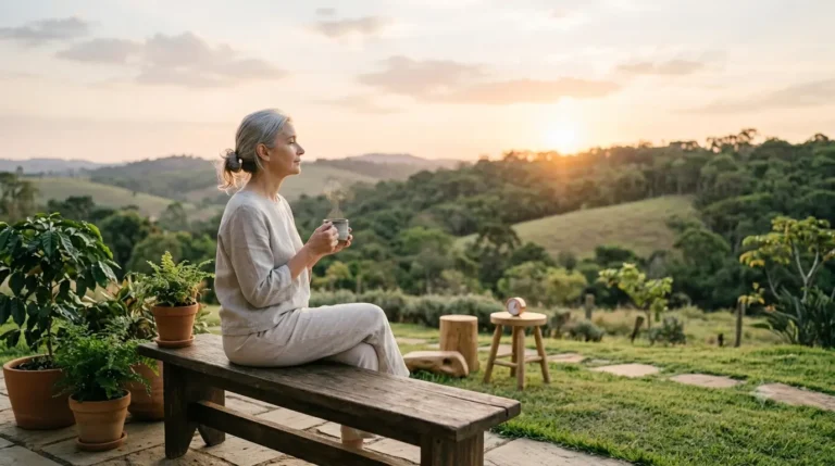 An elderly woman sitting on a wooden bench, holding a cup, admiring the sunset in a lush green field.