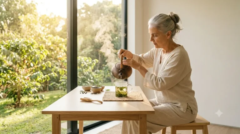 An elderly woman preparing tea at a wooden table, with soft sunlight streaming through the window and plants in the background.