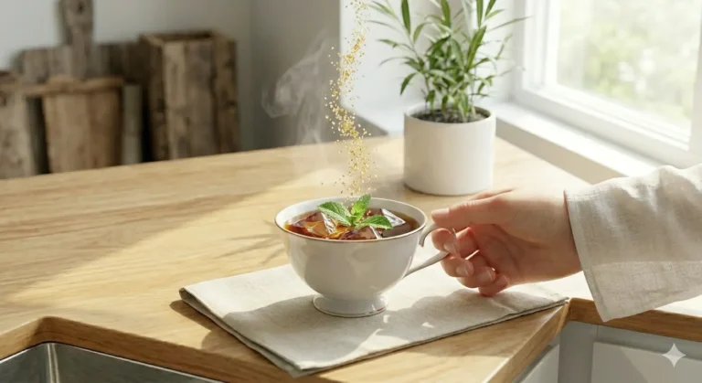 A steaming cup of tea with mint leaves, garnished with a touch of gold dust, rests on a cloth on a light-colored wooden table.