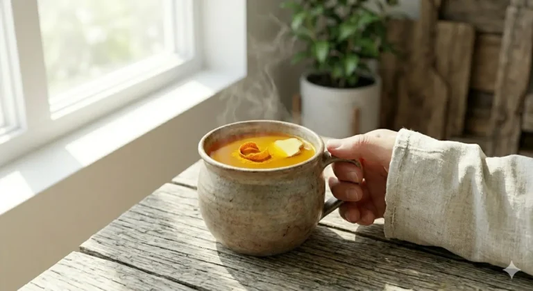 A hand holds a ceramic mug containing a hot, aromatic beverage, decorated with lemon slices, on a wooden table.