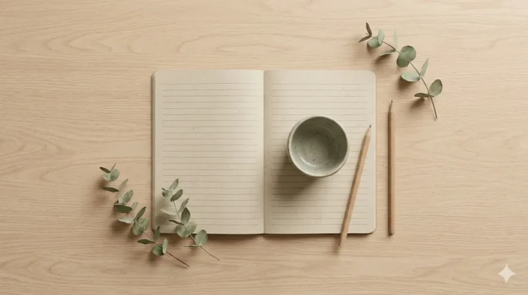 Caderno aberto sobre uma mesa de madeira clara, com um recipiente cerâmico e lápis ao lado de folhas de eucalipto.