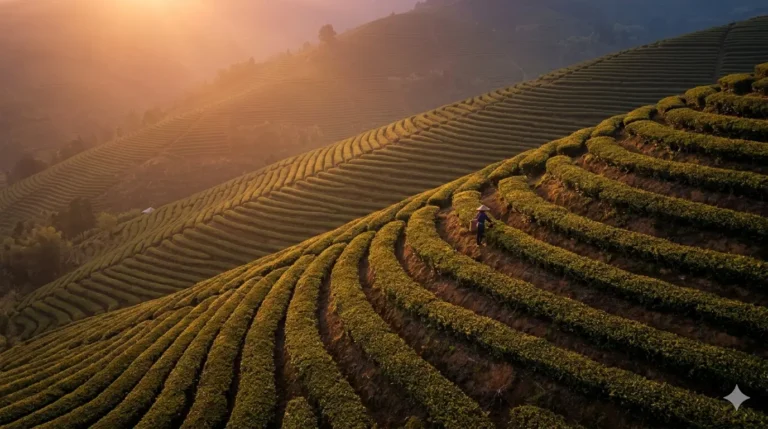 Person harvesting tea leaves on a terraced hillside at sunrise