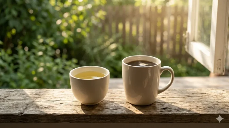 Two cups—one for tea and the other for coffee—rest on a sunlit wooden table against a vibrant green background.