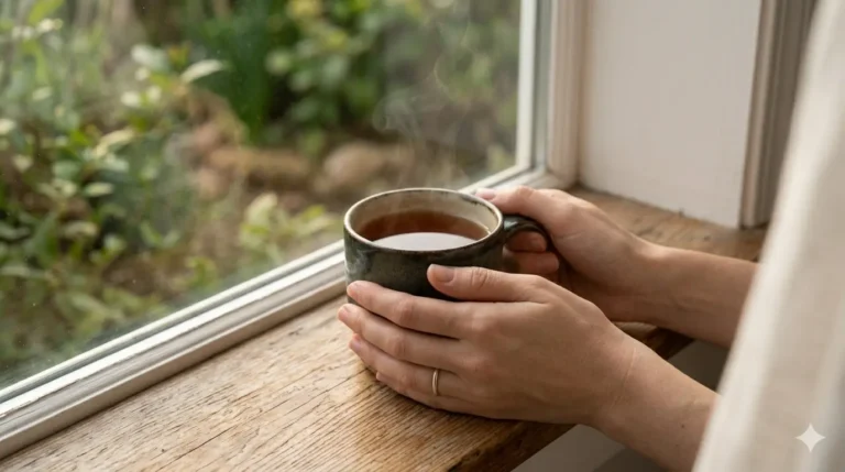 A person holding a mug of hot tea, observing nature through the window on a peaceful day.