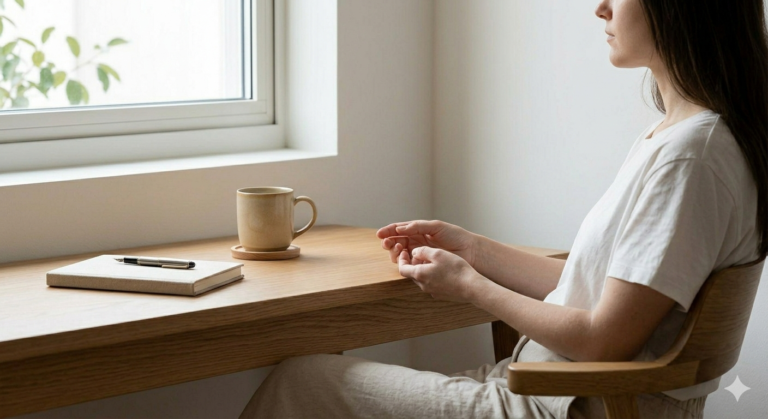 A woman sitting at a light-colored wooden table, clasping her hands, with a mug and a notebook beside her, illuminated by natural light.