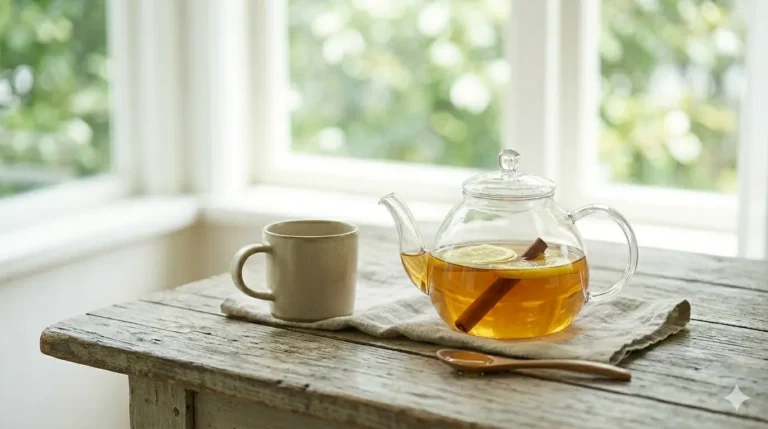 Glass teapot with lemon and cinnamon tea, a mug, and a spoon on a wooden table