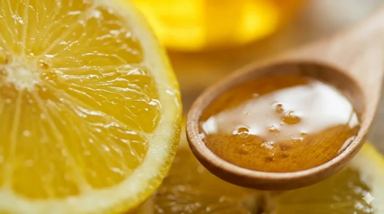 Close-up of lemon slices and a wooden spoon with honey, perfect for lemon honey tea.