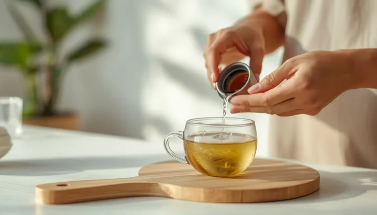 Woman pouring tea into a glass mug, part of a morning tea ritual.