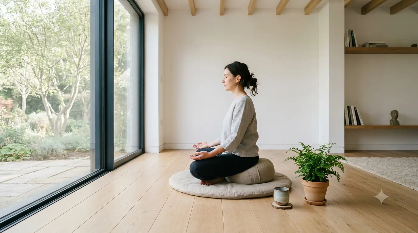 Woman meditating in a peaceful environment, surrounded by nature, sitting on a cushion, with plants around.