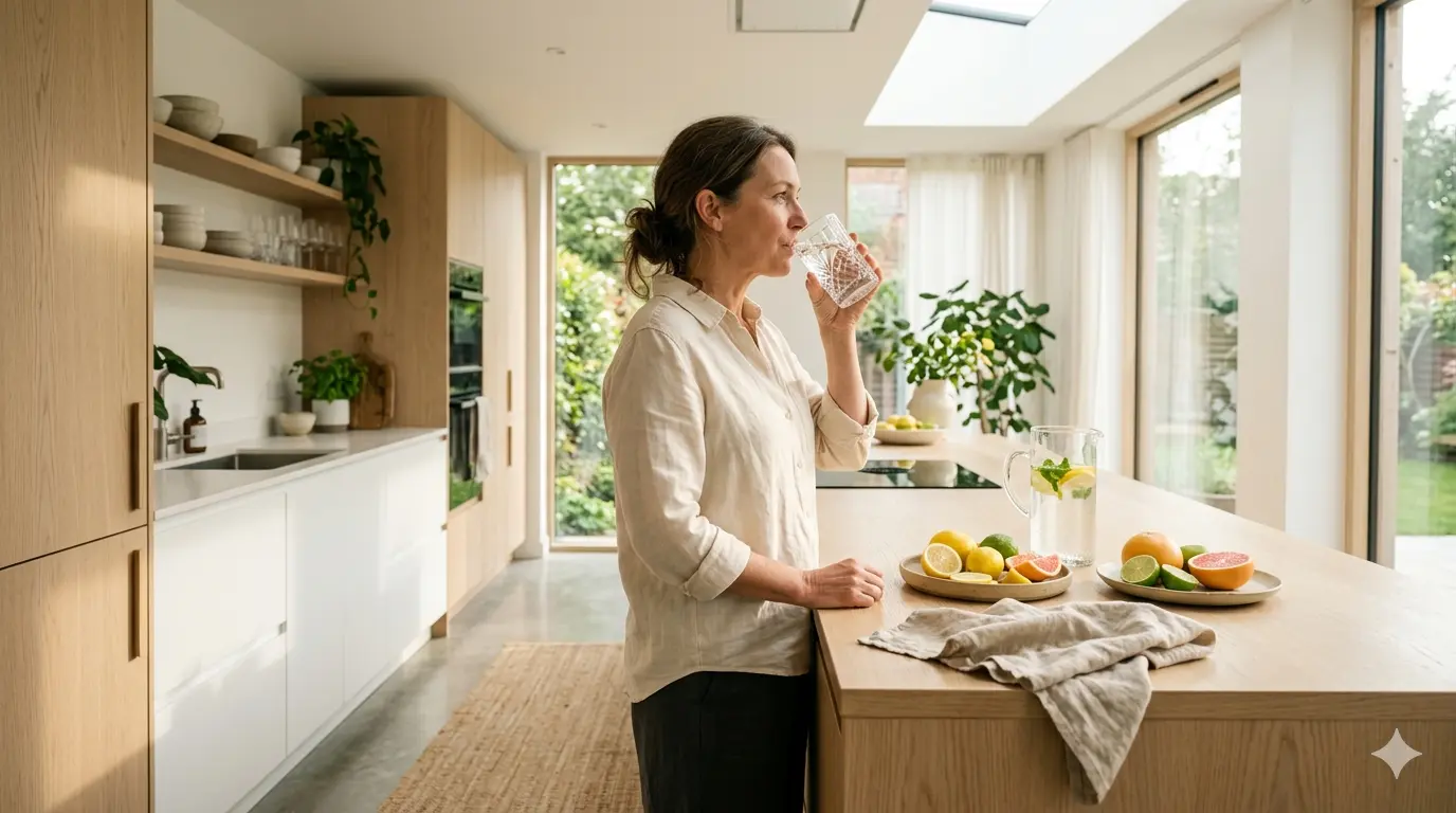 A middle-aged woman drinks water from a crystal glass in a bright, modern kitchen featuring a wooden countertop with fresh fruit arranged on it.