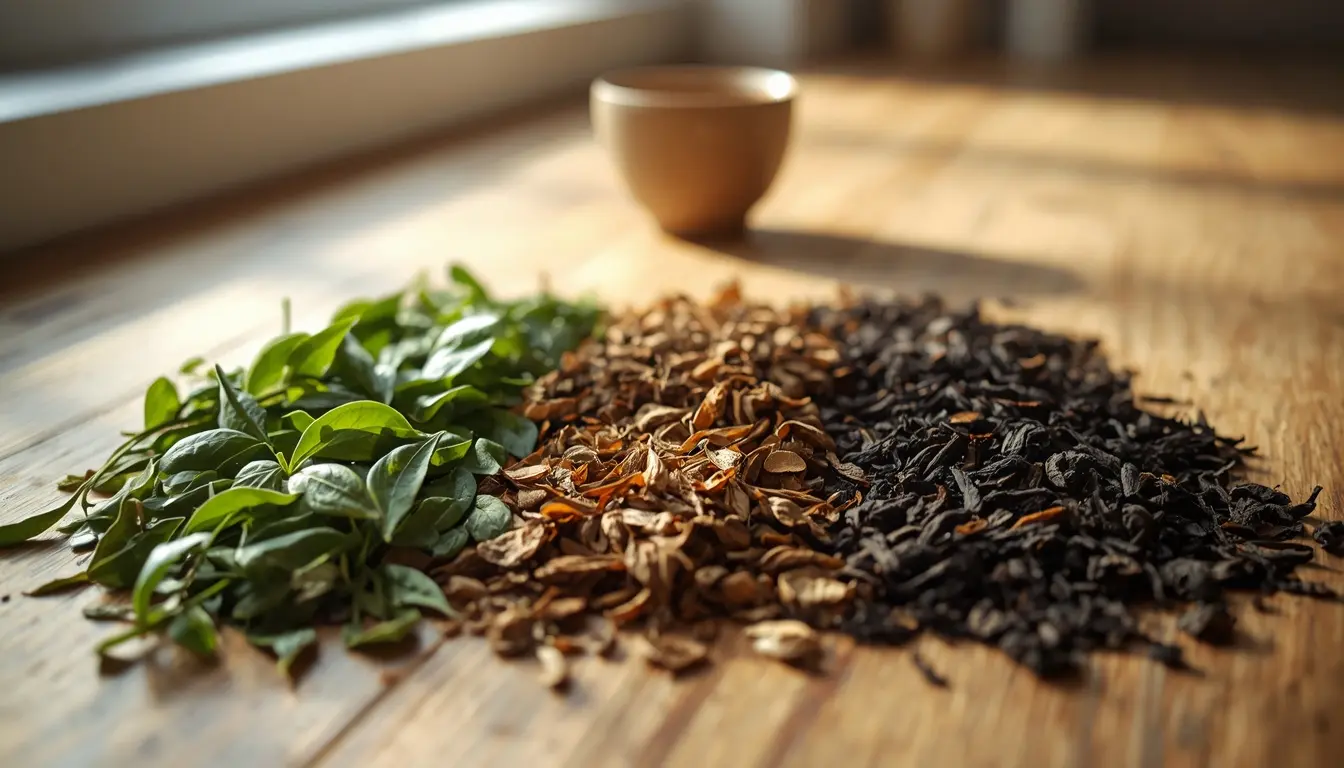 Three types of tea arranged on a wooden table: fresh green leaves, dried herbs, and black tea leaves, with a cup in the background under the light.