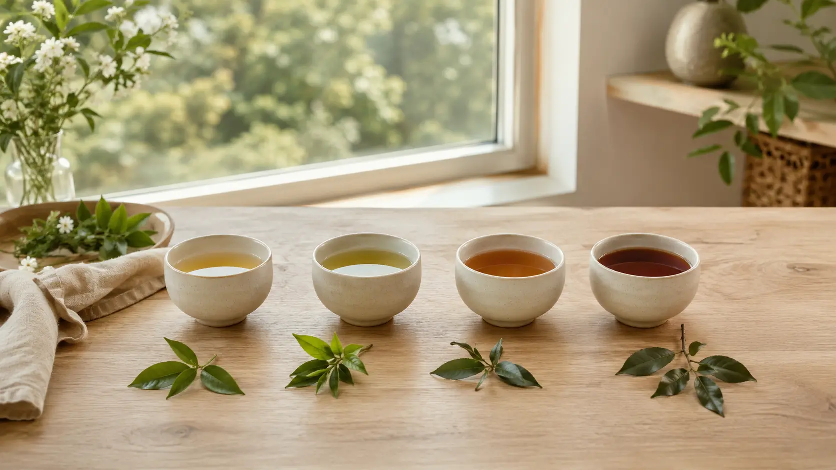 Four teacups on a light wood table, adorned with green leaves and white flowers, illuminated by natural light.