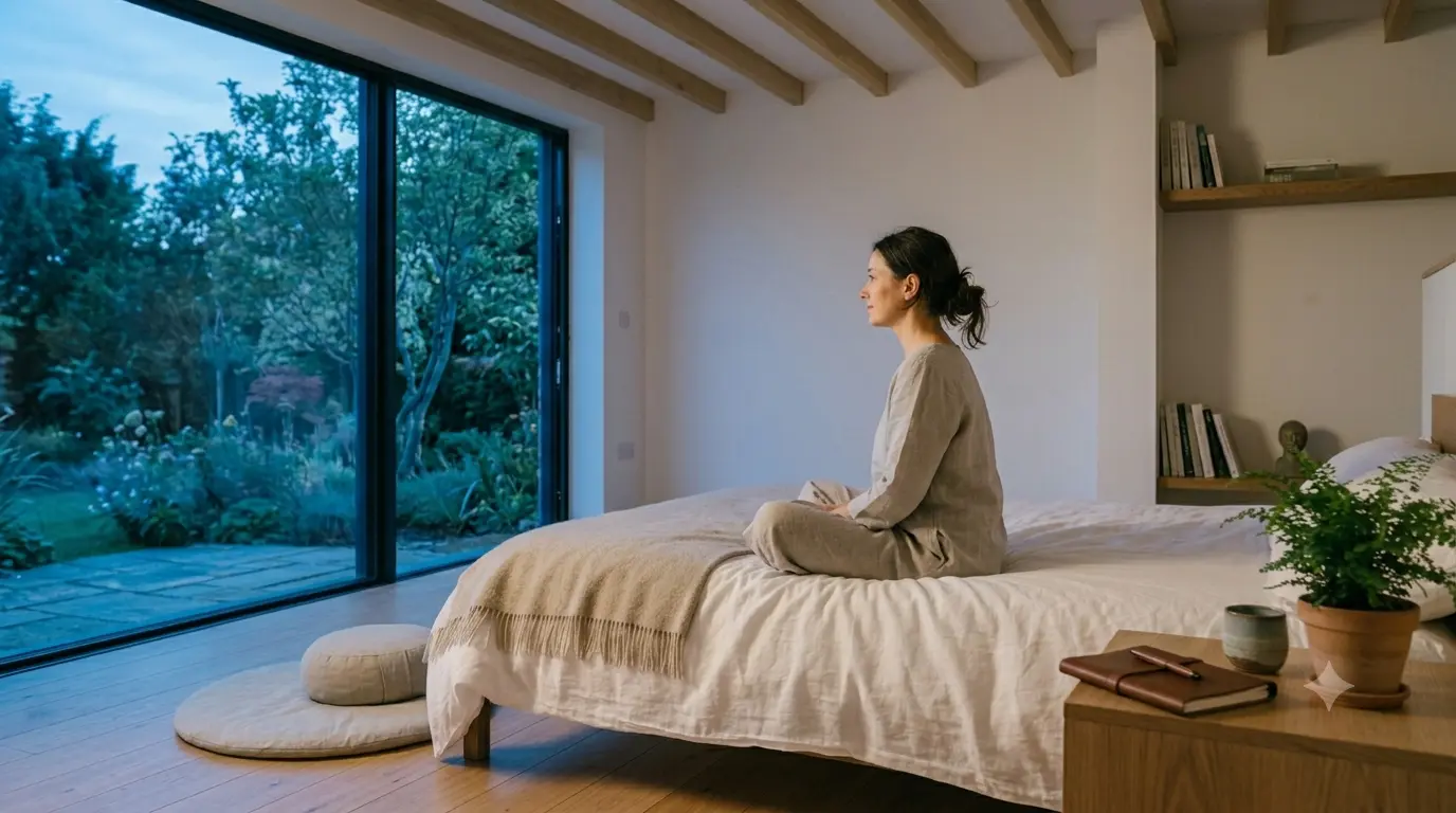 Woman meditating on bed near large window, illustrating sleep's healing connection to mind.