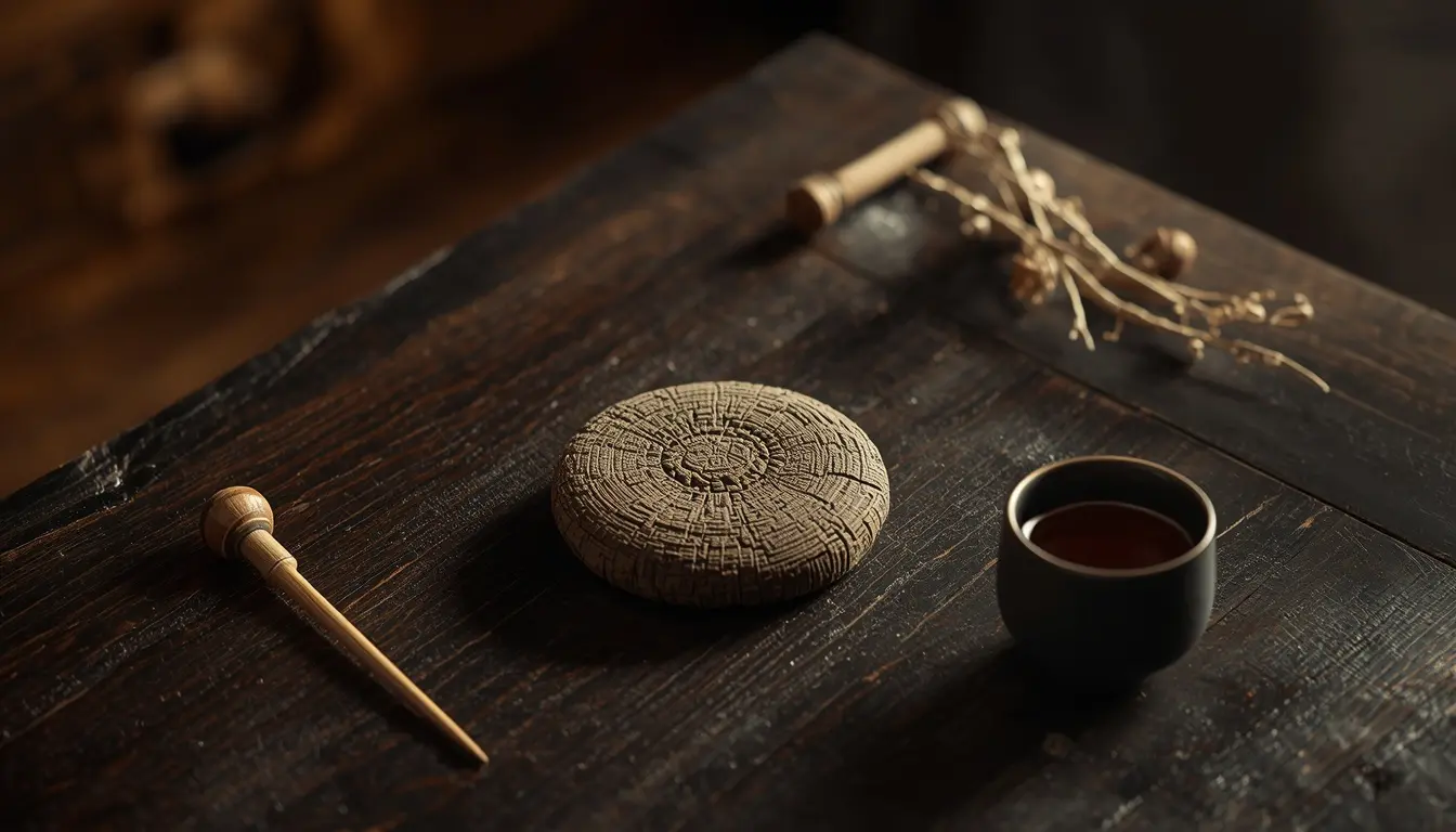 Pu-erh tea cake, cup, and traditional tea ceremony tools on a wooden table.