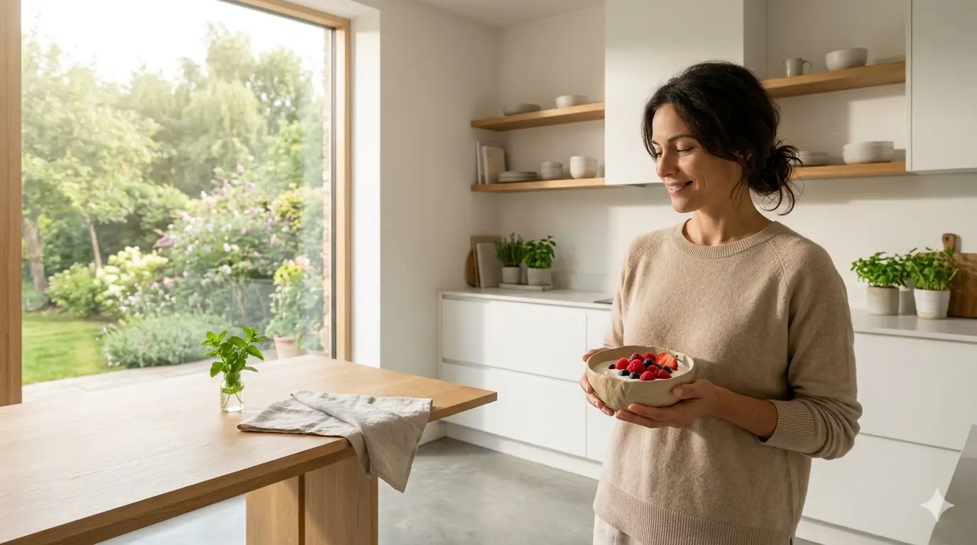 Woman in a modern kitchen holds a bowl of berries, enjoying a healthy breakfast.