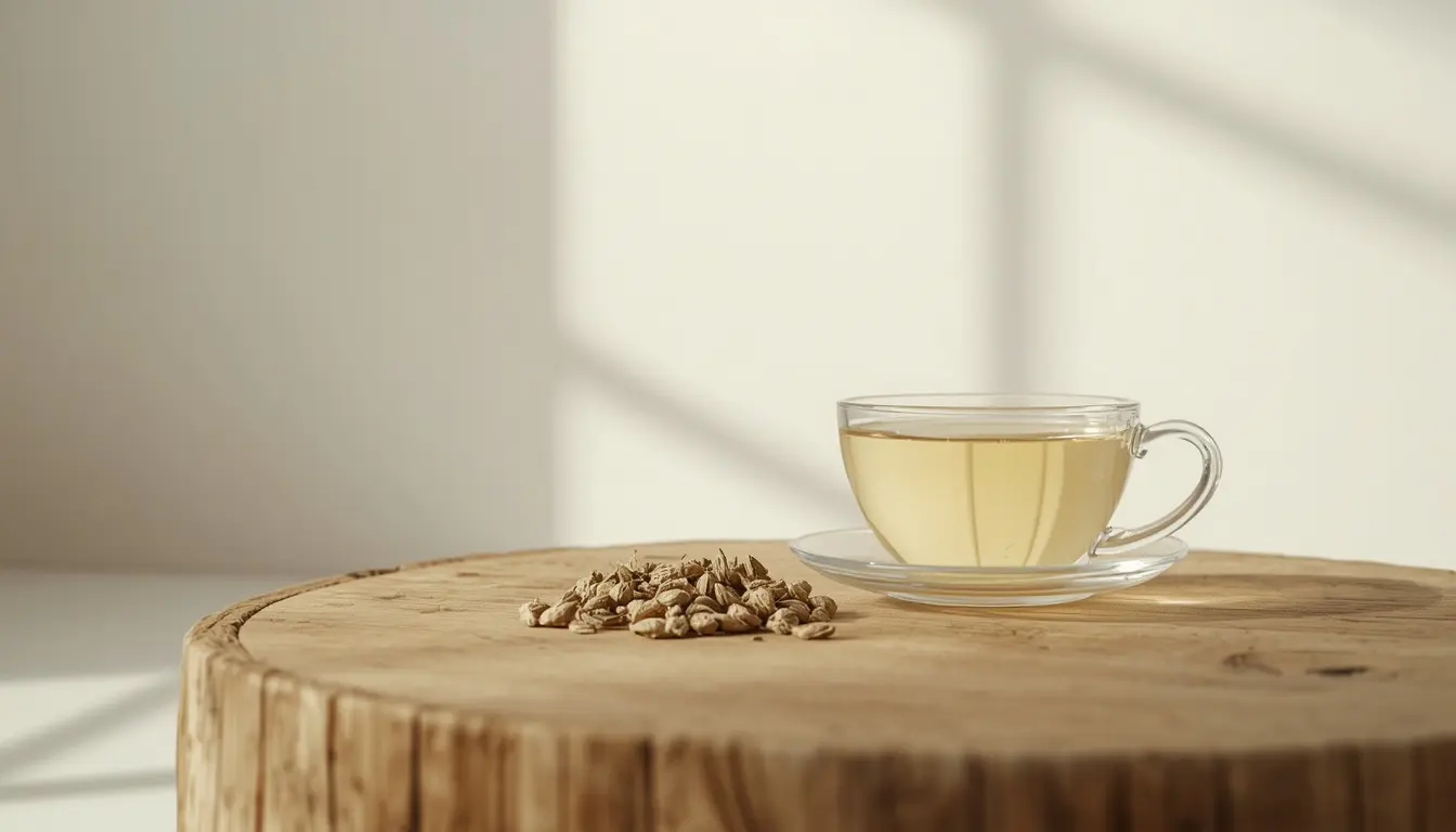 Delicate white tea leaves and a cup of white tea on a wooden surface.