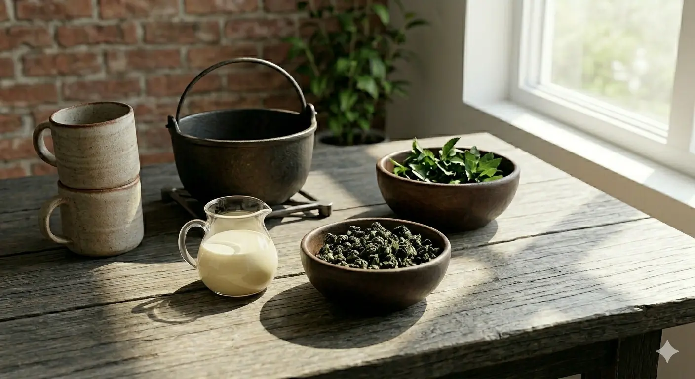 Rustic wooden table with cast-iron pots, ceramic cups, a milk pitcher, and bowls of herbs and leafy greens, bathed in soft natural light.