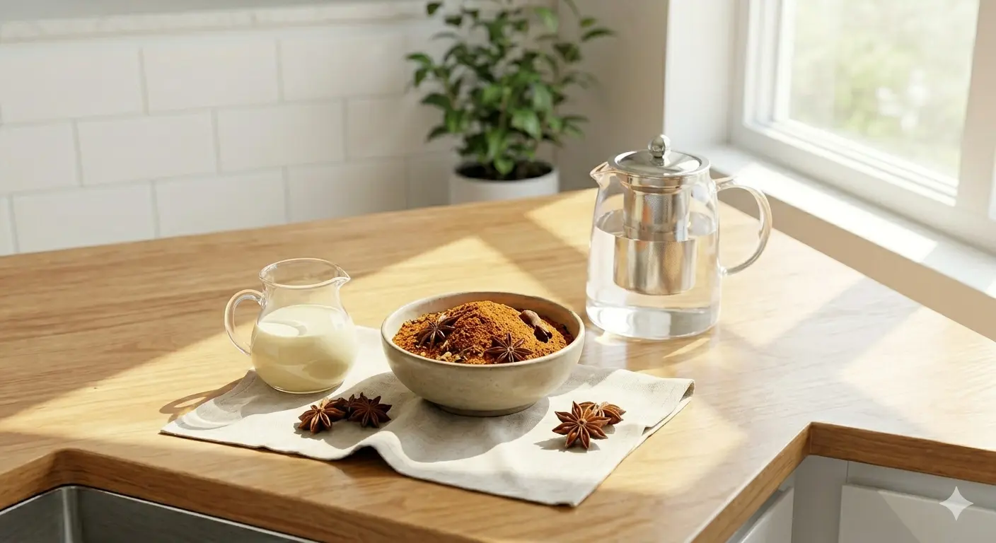 A bowl with powdered spices and star anise, a milk pitcher, and a glass teapot on a wooden countertop illuminated by morning sunlight.