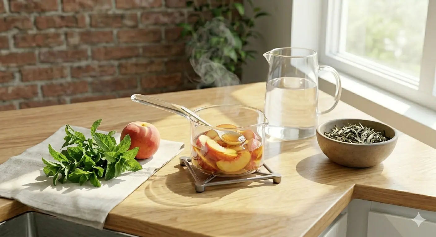A wooden table with sliced apples in a container, fresh herbs, water and tea leaves, illuminated by natural light.