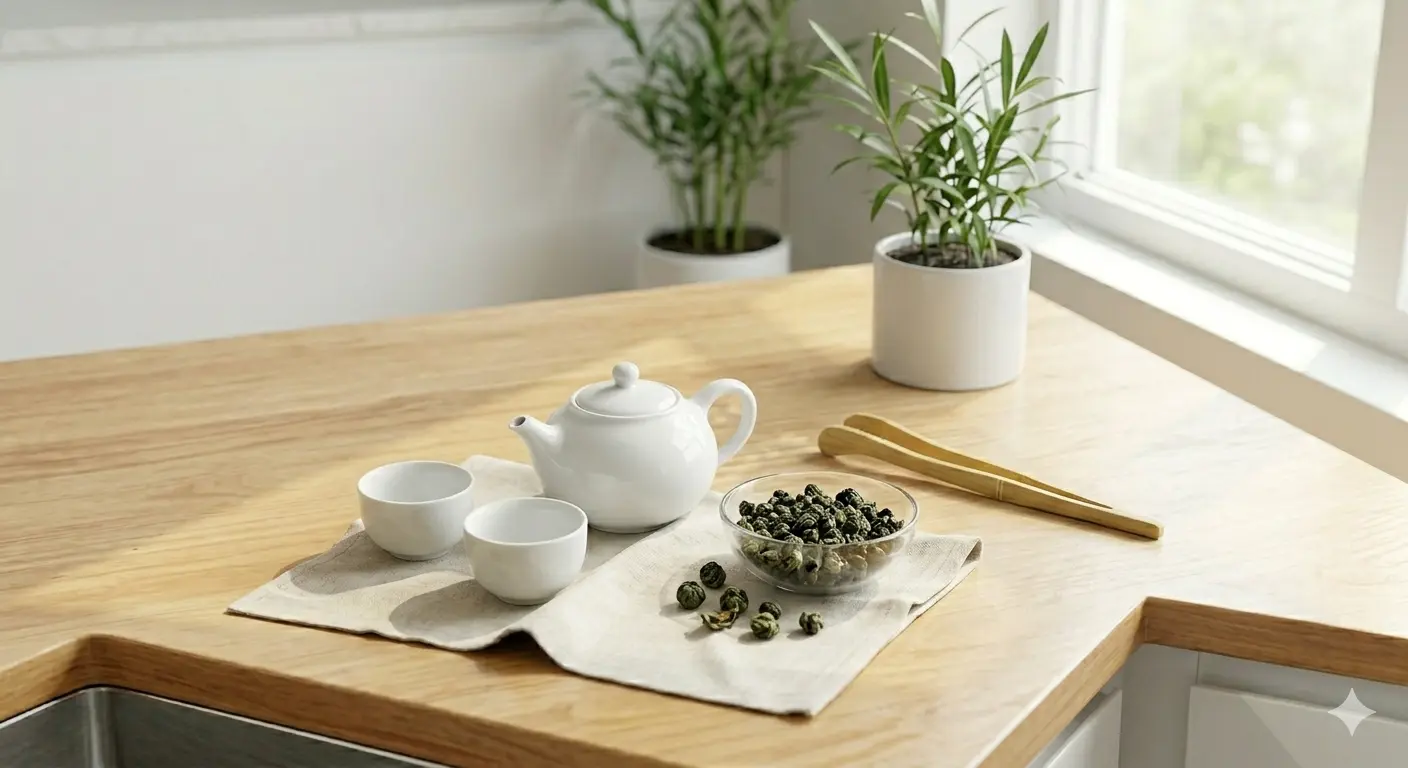 Oolong tea set with dried tea leaves and a teapot