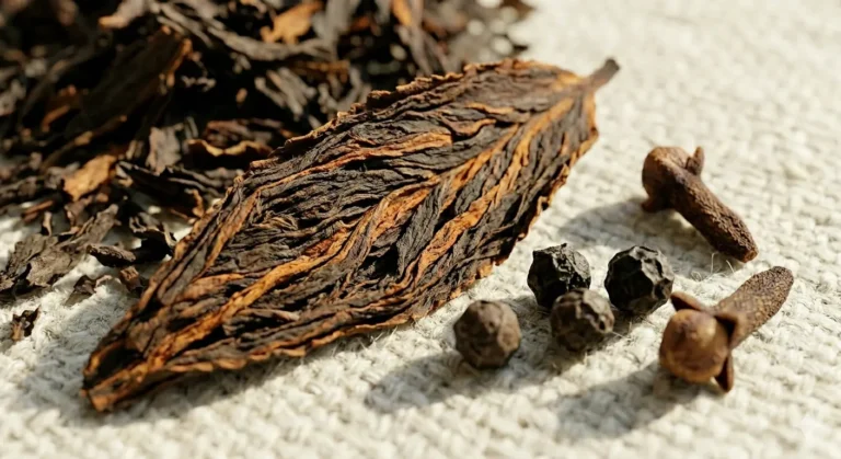 Textured, dried tobacco leaf alongside black peppercorns and cloves on a light-colored, rustic fabric surface.