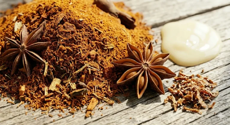 A mound of powdered spices, star anise, and a drop of cream on a rustic wooden surface, creating a contrast of textures and tones.