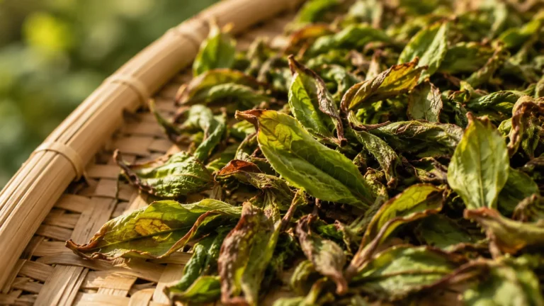 Dried mint leaves arranged in a wicker basket, featuring vibrant shades of green and brown that reflect the soft ambient light.