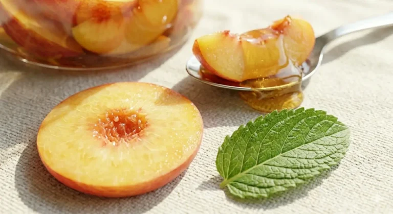 Juicy slices of yellow peach with honey, accompanied by a fresh green leaf, on a light tablecloth.