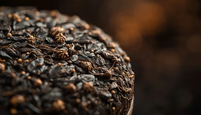 Close-up of aged Pu-erh tea leaves and buds, hinting at its rarity and value.