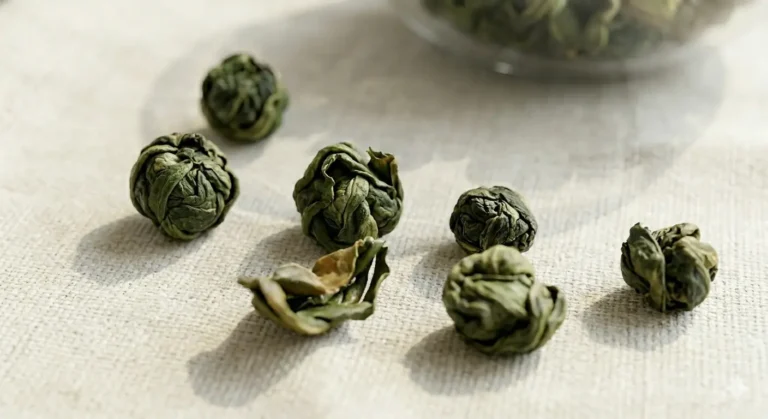 Rolled oolong tea leaves, resembling small green balls, on a textured surface