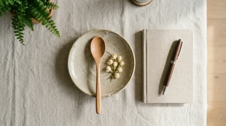 A table decorated with a ceramic bowl, wooden spoon, notebook and pen, surrounded by a green plant.
