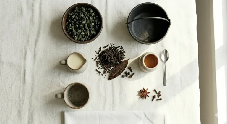 Top view of tea, spices, milk, and honey on a white tablecloth, with a bowl of green tea, an iron teapot, and aromatic ingredients.