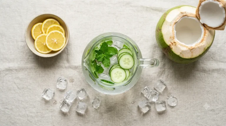 A pitcher of water with cucumber and mint, alongside lime slices in a bowl, an open coconut, and ice cubes on a linen tablecloth.